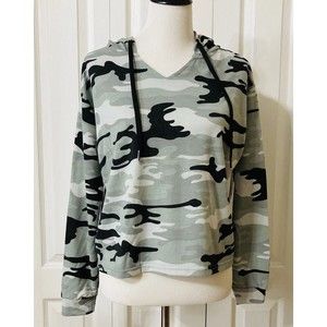 Black Camouflage Hooded Shirt Slightly Cropped Size S Drawstring Neck Camo
